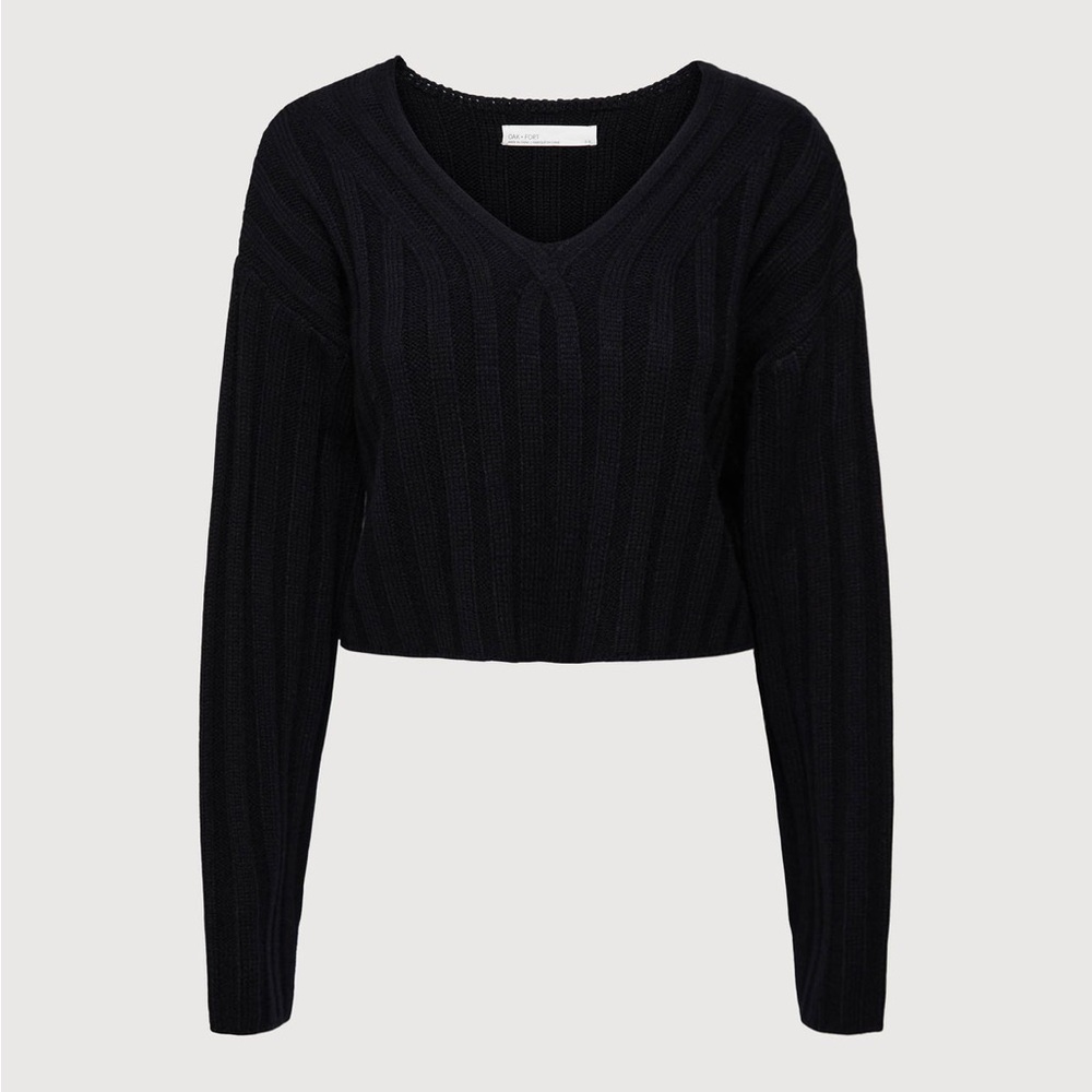 OAK + FORT Cropped Rib-Knit V-Neck Sweater in Black, Women’s Size M